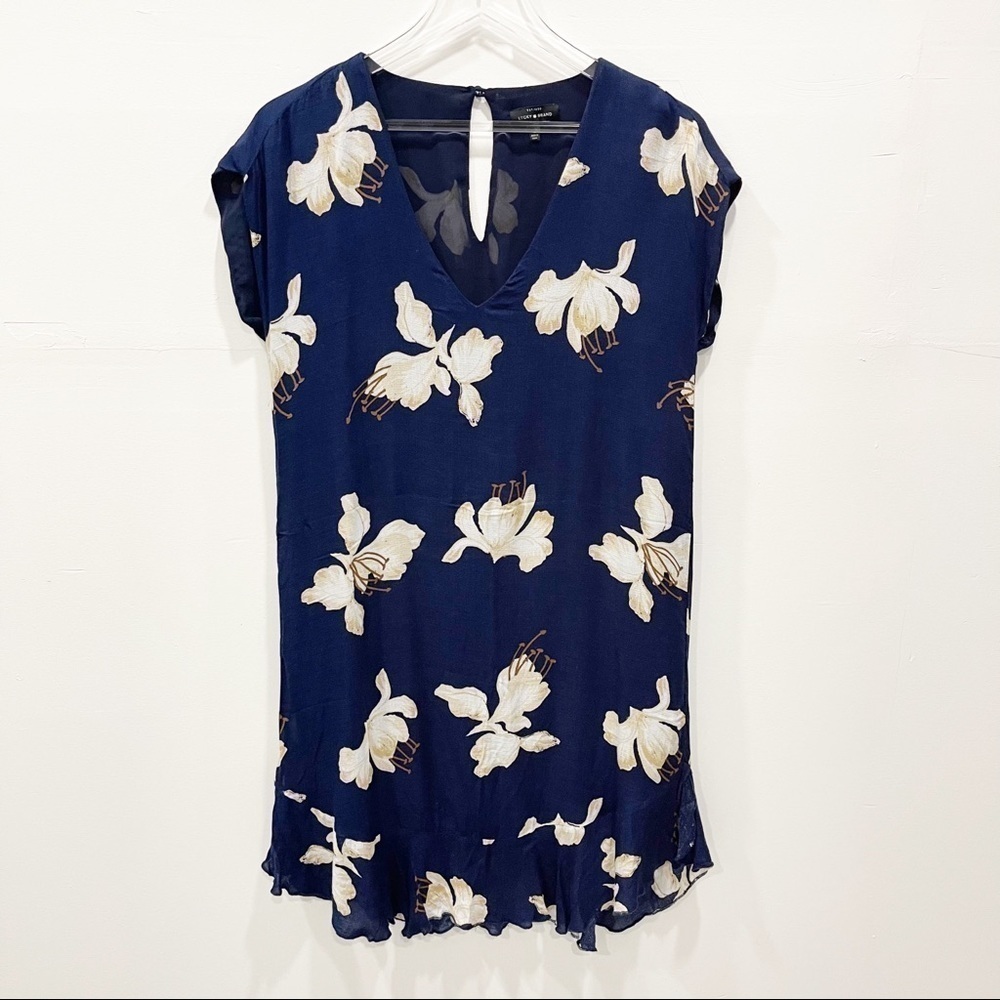 Lucky Brand V-Neck Flounce Ruffle Hem Shift Dress Blue Floral Size Small